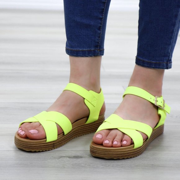Neon Green Strappy Comfort Sandals Faux Nubuck - Picture 13 of 13